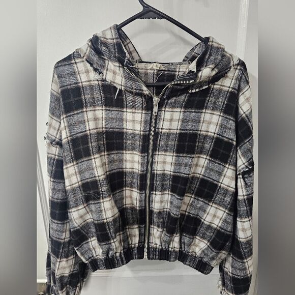 Pol womens flannel zip up jacket with hood and elbow patches. Sz m - Picture 4 of 6